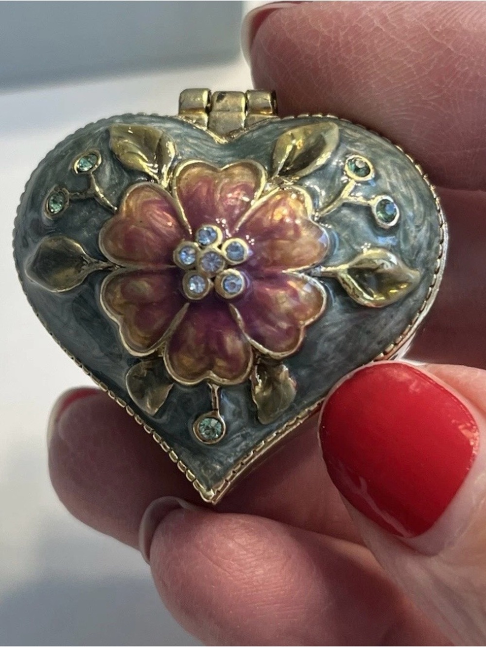 Monet Heart-Shaped Floral Enamel Trinket / Pill Box in Blue, Pink and Gold